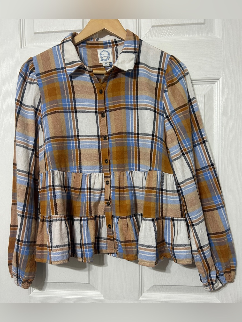 Blue Rain Women’s Peplum Button Up Shirt Plaid Brown Blue Country Cotton Size M